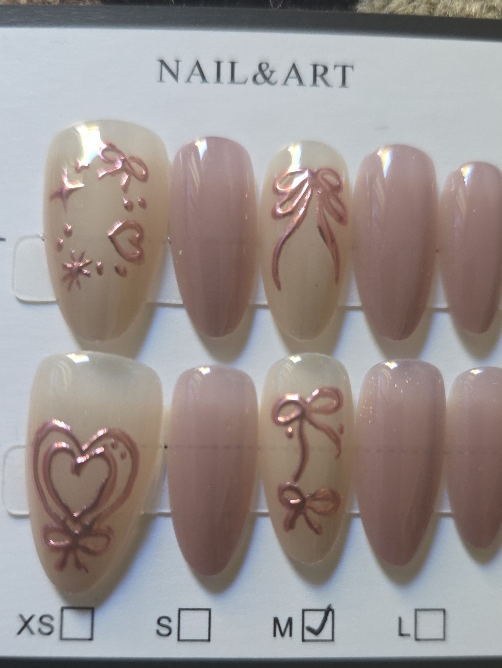 Nude Pink Press-On Nails with Rose Gold Bows Size Med